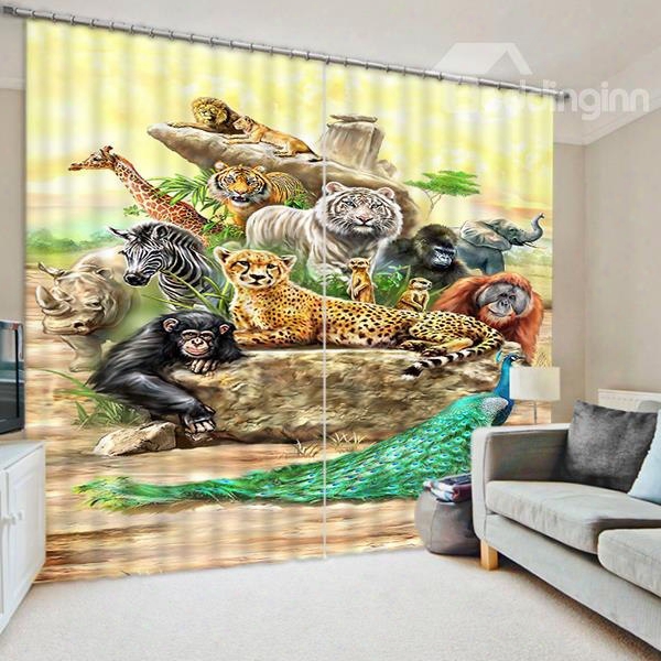 3d Tiger Leopard Peacock Monkey Printed Wild Animals Printed Polyester Shading Curtain