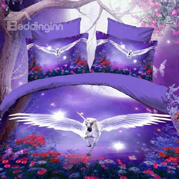 3d Unicorn With Wings Dreamlike Purple Polyester Fitted Sheet