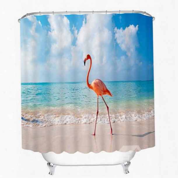 3d Walking Flamingo On The Beach Printed Light Blue Polyester Shower Curtain