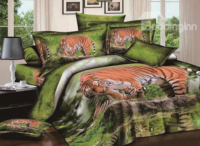 3d Wandering Tiger Printed Cotton 4-piece Bedding Sets/duvet Covers