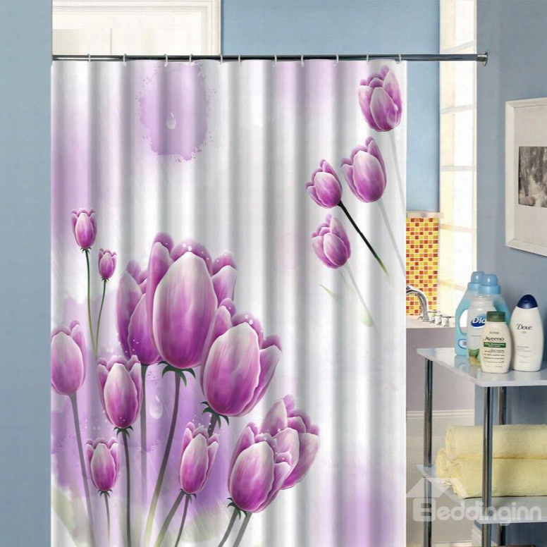 3d Waterproof Purple Tulips Printed Polyester Shower Curtain