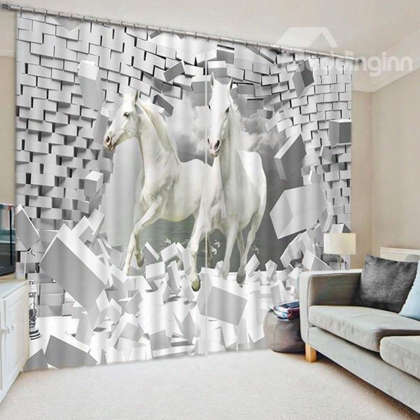 3d White Horses Breaking The Wall Printed Animal Style Ornament Custom Polyester Curtain