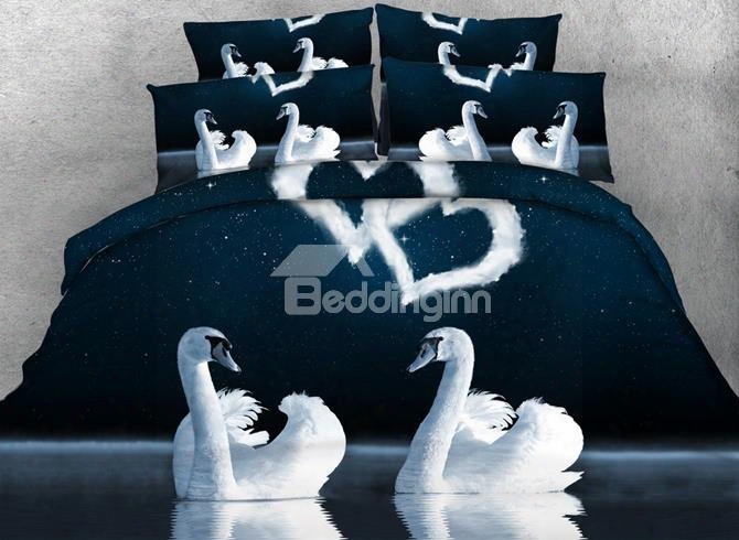 3d White Swans Couple And Heart-shaped Clouds Printed Cotton 4-piece Bedding Sets