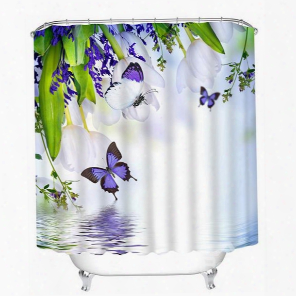 3d White Tulips And Purple Butterflies Printed Polyester Shower Curtain