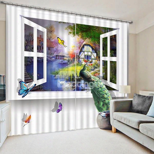 A Peacock Standing In The Window Print 3d Blackout Curtain