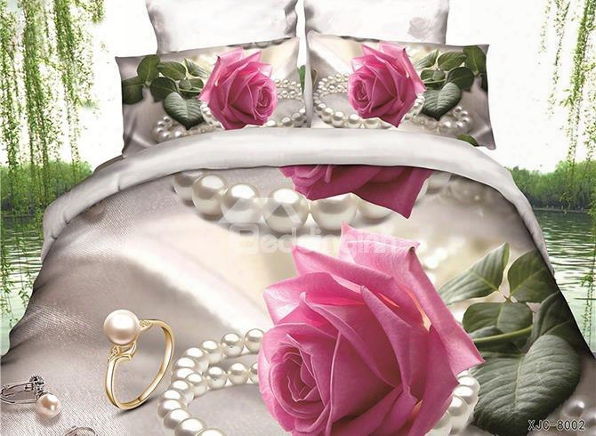 Adorable Pink Rose And Pearl Print 4-piece Polyester Duvet Cover Sets