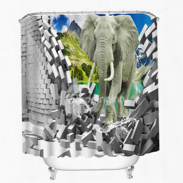 An Elephant Walking Breaking The Wall Print 3d Bathroom Shower Curtain