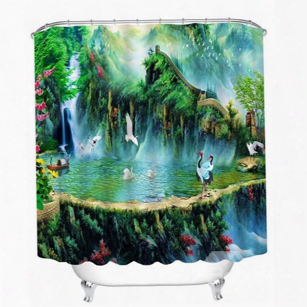 Ancient Chinese Hermit Life With Cranes Print 3d Bathroom Shower Curtain