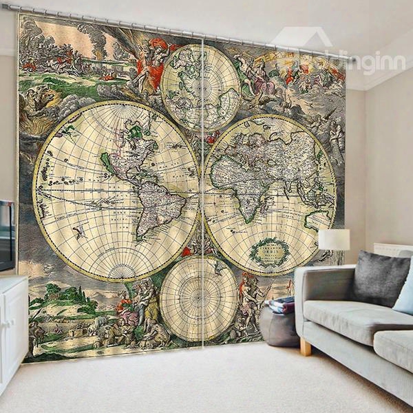 Antique World Map Printing Artistic And Creative Living Room Custom 3d Curtain