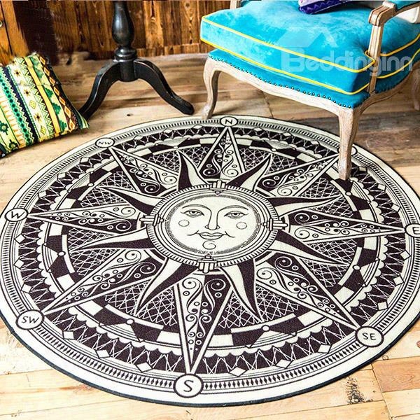 Black And White Round Polyesfer Fibre Sun-god Pattern Area Rug