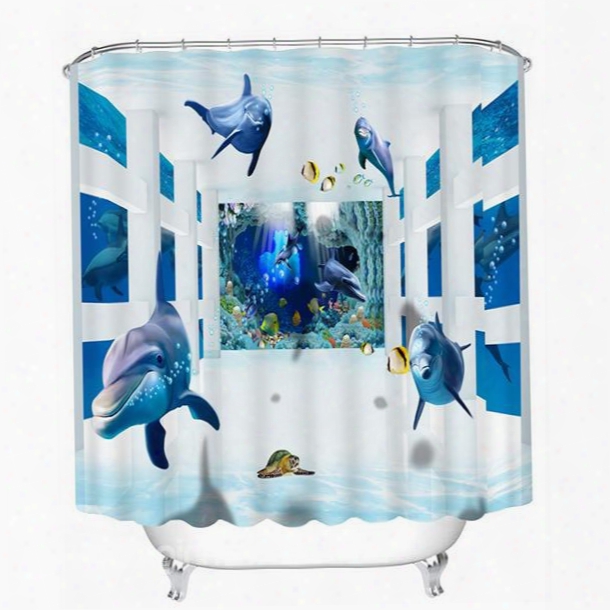 Blue Dolphins Swimming In Deep Sea Polyester Waterproof 3d Shower Curtain