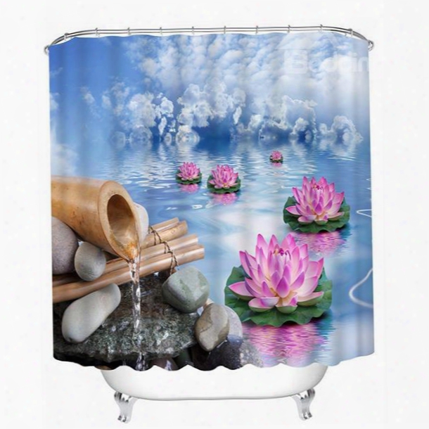 Blue Water And Pink Lotus Print 3d Bathroom Shower Curtain