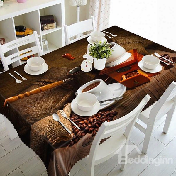 Brown Coffee Cup And Coffee Bean Pattern 3d Tablecloth