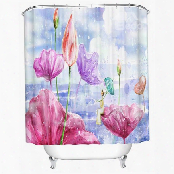 Cartokn Girl Sitting On The Colorful Lotus Print 3d Bathroom Shower Curtain