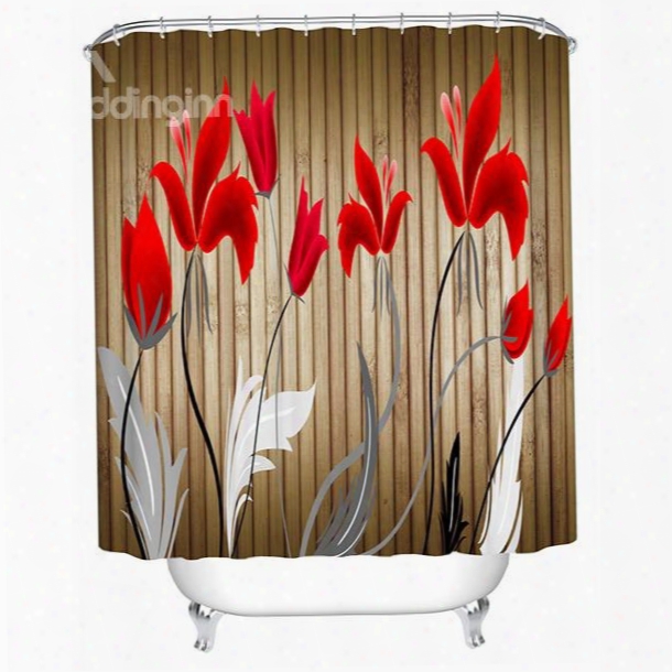 Cartoon Red Tulips Blooming Print 3d Bathroom Shower Curtain