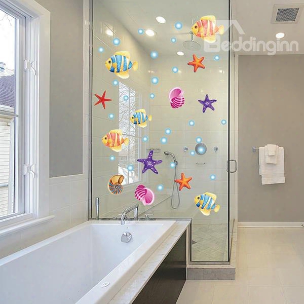 Cartoon Sea Fish And Starfish Removable Window Glass Bathroom Wall Sticker