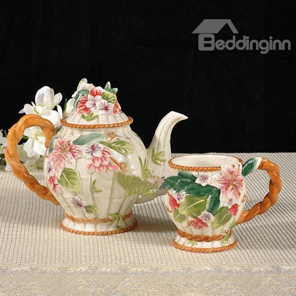 Ceramic Lily Pattern Teapot And Cup Painted Pottery