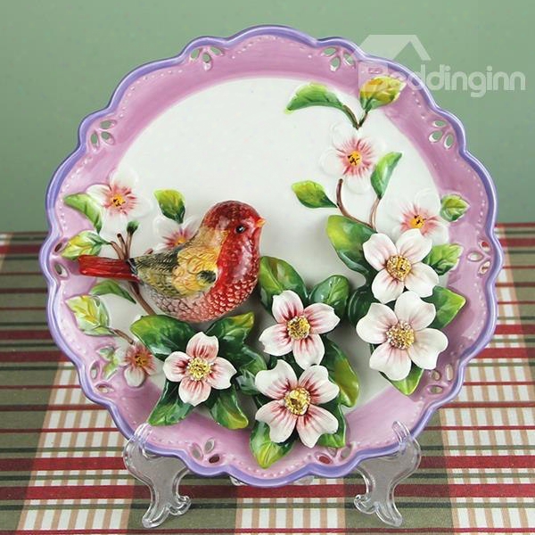 Ceramic Red Bird And Flower Pattern Plate Desktop Decoration Painted Pottery