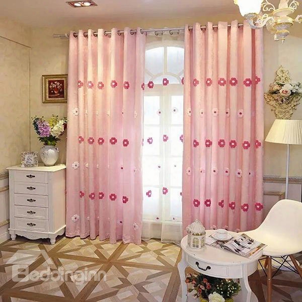 Chenille Embroidery Red Flower Pattern Grommet Top Curtain 2-panels