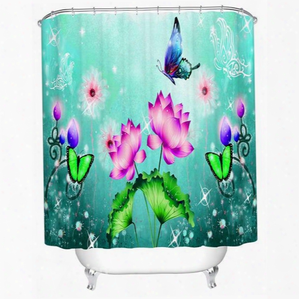 Colorful Butterflies And Water Lilies Print Bathroom Shower Curtain