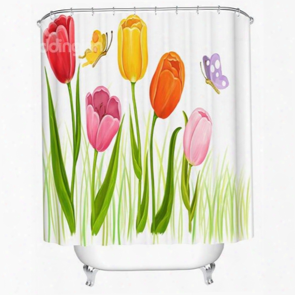 Colorful Tulips And Bjtterflies Print 3d Bathroom Shower Curtain