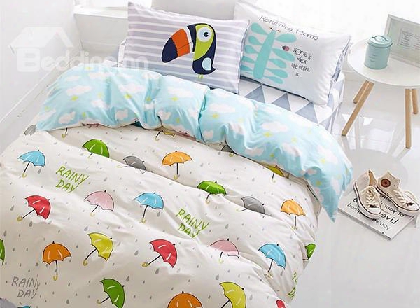 Colorful Umbrella And Raindrop Print 4-piece Cotton Kids Duvet Cover Sets