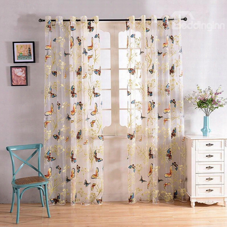 Concise Cotton Linen Butterfly Pattern Custom Sheer Curtain