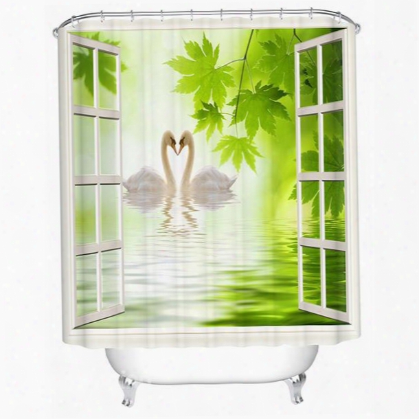 Couple Lovely White Swan Outside The Window Print 3d Bathroom Shower Curtain