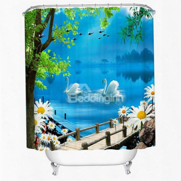 Couple White Swan Playing Under The Bridge Print 3d Bathroom Hower Curtain