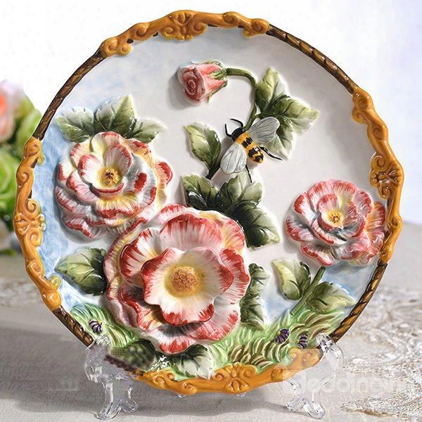 Creative Ceramic Roses Pattern Plate Desktop Decoration Painted Pottery