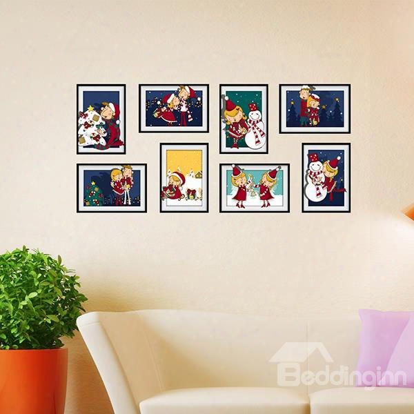 Cute Cartoon Snowmen And Children Photo Frame Wall Sticker