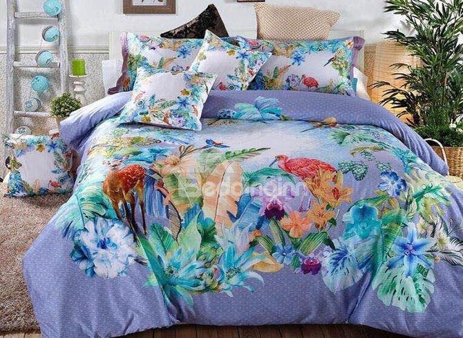 Elegant Purple Tropical Style Flowers 4-piece Cotton Duvet Cover Sets