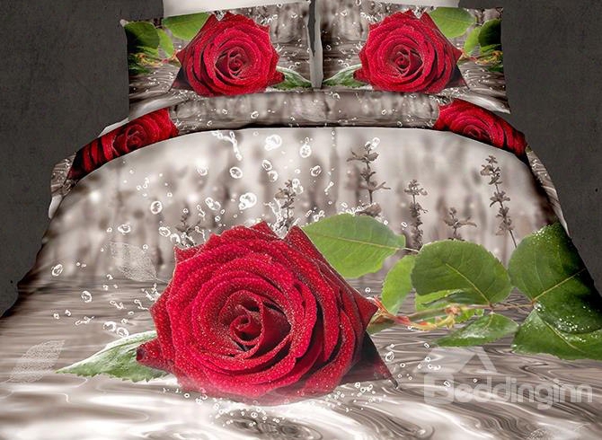 Elegant Red Rose Reactive Printing 4-piece Polyester 3d Bedding Sets