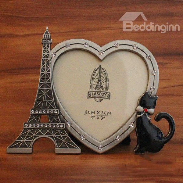 European Style Metal Eiffel Tower And Black Cat Heart-shaped Desktop Photo Frame