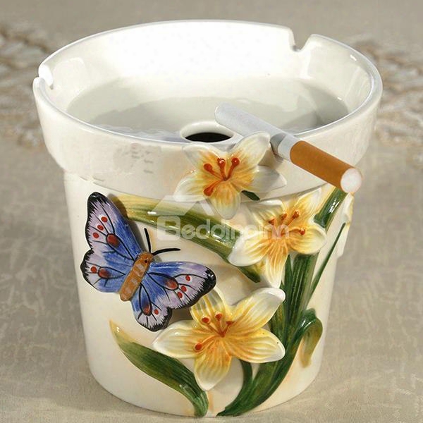 Fashion Ceramic Lily And Butterfly Pattern Ahstray Painted Pottery