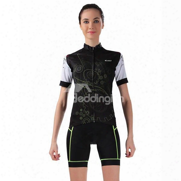 Female Black Breathable Jersey With Zipper Sponged Cycling Short Sleeve Suit