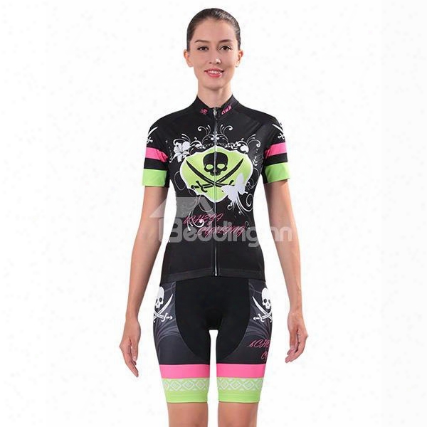 Of ~s Black Skull Colorful Strip Breathable Jersey With Zipper Sponged Short Cucling Suit