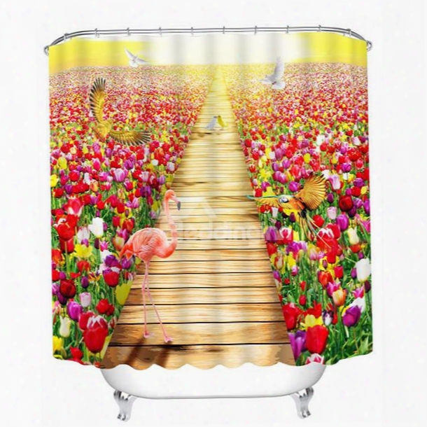 Flamingos And Colored Flowers Print 3d Bathroom Shower Curtain