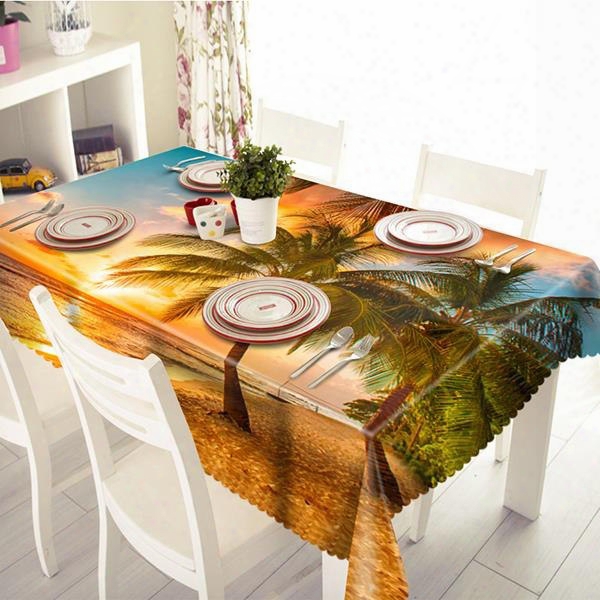 Golden Sunset Seaside Coconut Tree Scenery 3d Tablecloth