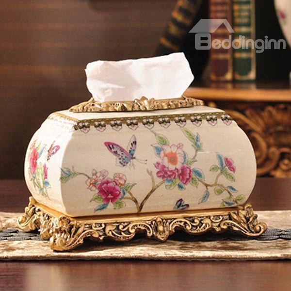 Gorgeous Flowres And Butterfly Tissue Box Desktop Decoration