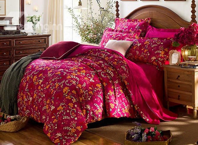 Graceful Flowers Fiery Red Cotton 4-piece Duvet Cover Sets