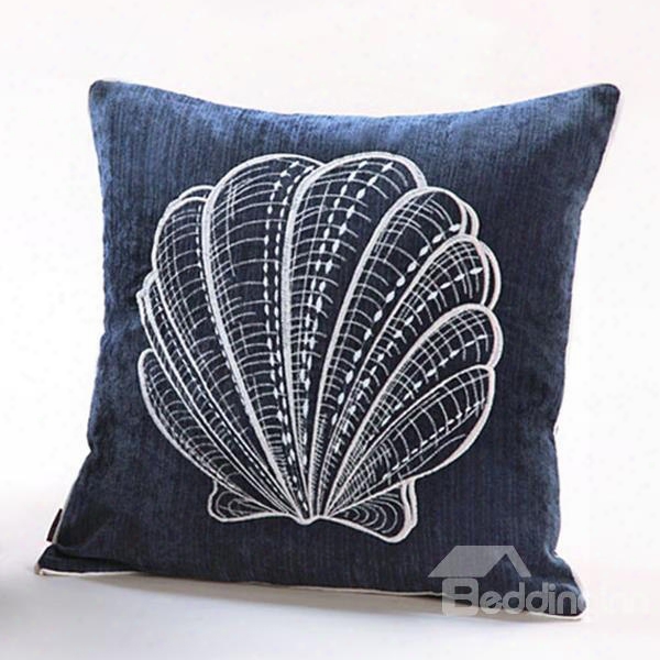 Graceful Scallop Embroidery Blue Polyester Throw Pillow