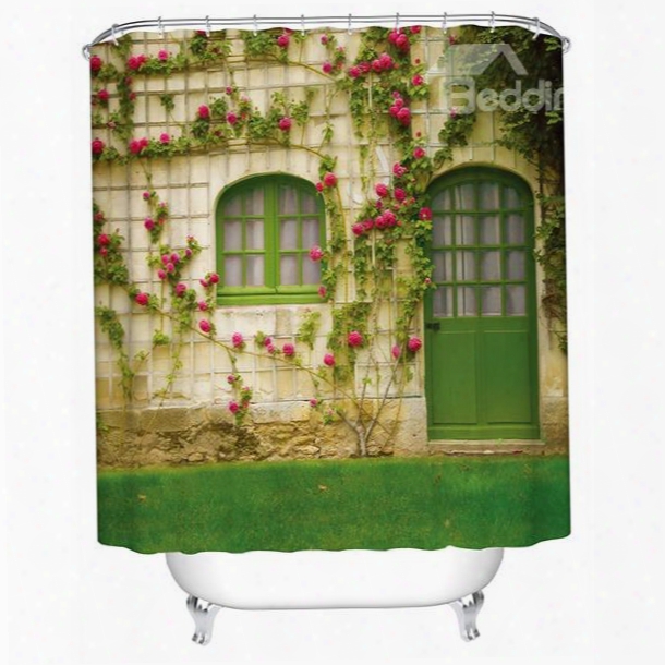Green Door With Pink Flowers Print 3d Bathroom Shower Curtain