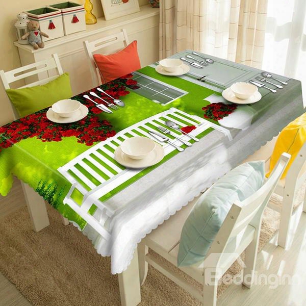 Green Polyester House And Red Flower Pattern 3d Tablecloth