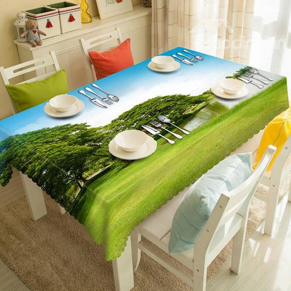 Green Rectangle Polyester Lawn And Lake Pattern Tablecloth