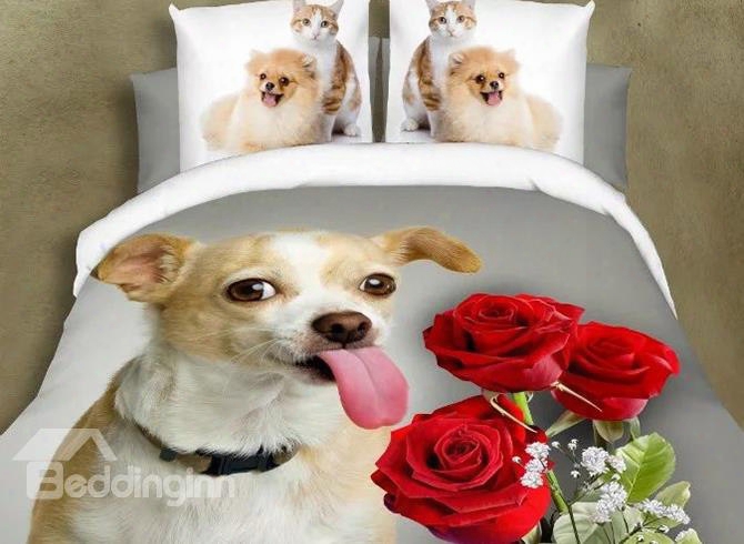 Lifelike 3d Dog And Roses Print 4 Pieces Polyester Bedding Sets