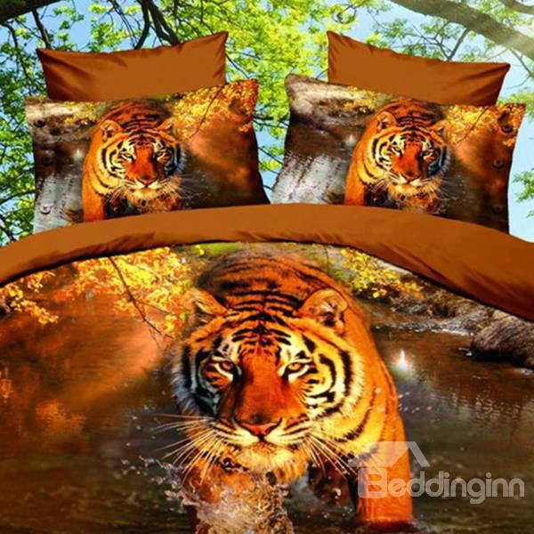 Lifelike 3d Tiger Walking In The Water Polyester Fitted Sheet