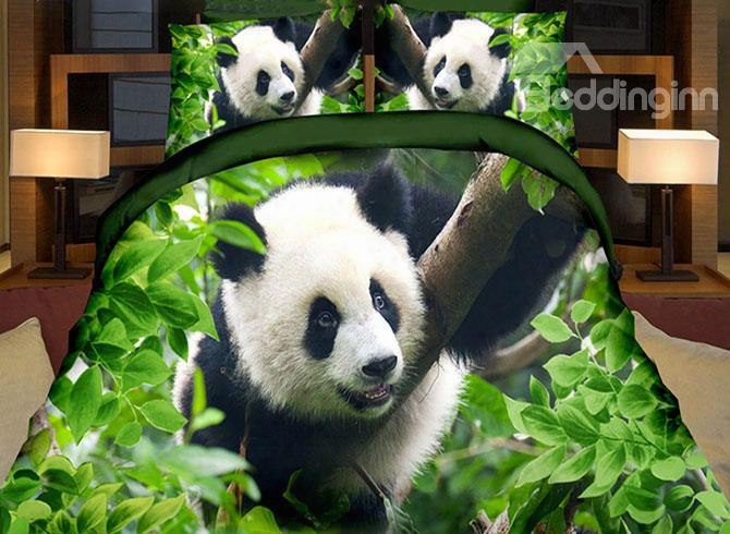 Lifelike Cute Panda Print Green 4-piece Duvet Cover Sets