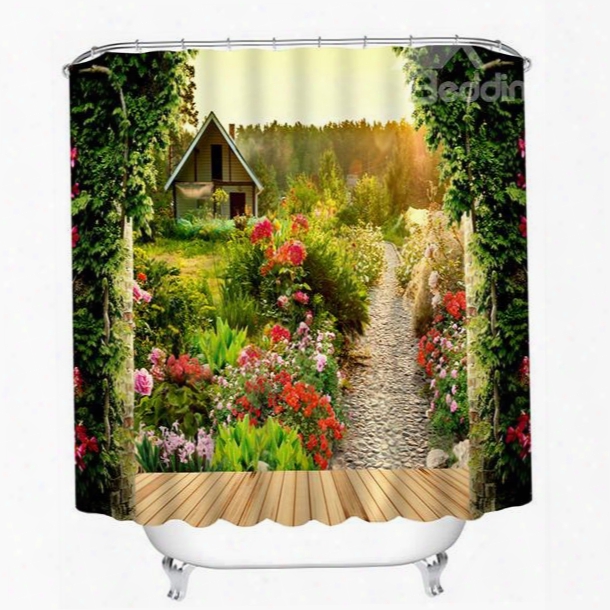 Log Hut And Path With Flowers Print 3d Bathroom Shower Curtain