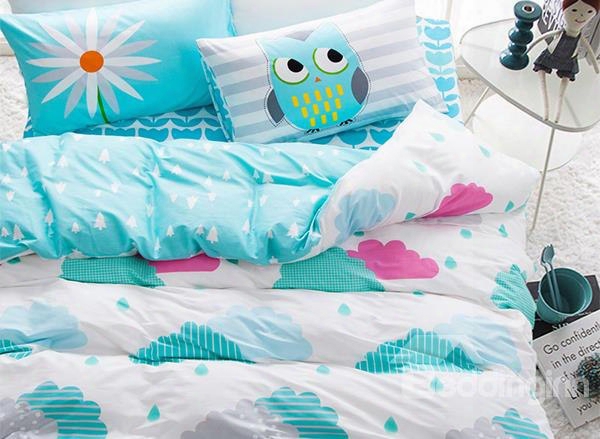 Lovely Clouds And Riandrop Print 4-piece Cotton Kids Duvet Cover Sets